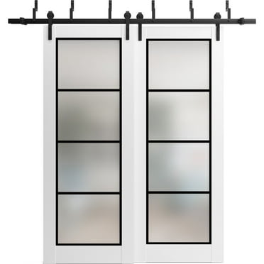 Sliding Closet Barn Bypass Doors 36 x 80 inches | Planum 2132 White Silk Frosted Glass | Sturdy 6.6ft Rails Hardware Set | Wood Solid Bedroom Wardrobe Doors
