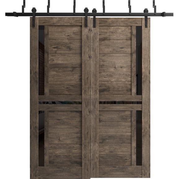 Sliding Closet Barn Bypass Doors 36 x 80 inches | Veregio 7588 Cognac Oak with Black Glass | Sturdy 6.6ft Rails Hardware Set | Wood Solid Bedroom Wardrobe Doors