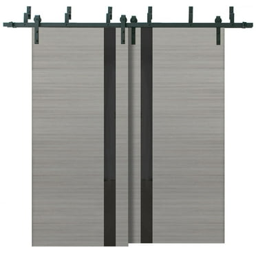 Sliding Closet Barn Bypass Doors 36 x 96 inches | Planum 0040 Grey Ash with Black Glass | Sturdy 6.6ft Rails Hardware Set | Wood Solid Bedroom Wardrobe Doors