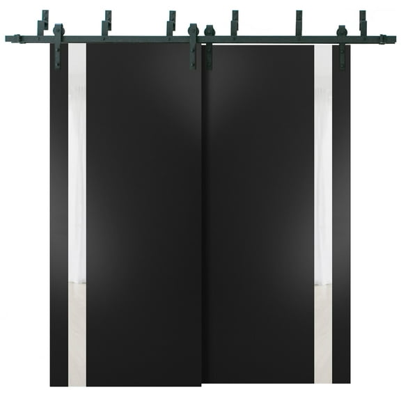 Sliding Closet Barn Bypass Doors 36 x 96 inches | Planum 0040 Matte Black with White Glass | Sturdy 6.6ft Rails Hardware Set | Wood Solid Bedroom Wardrobe Doors