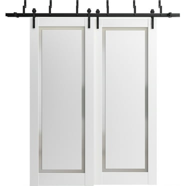 Sliding Closet Barn Bypass Doors 48 x 80 inches | Planum 0888 Painted White with Frosted Glass | Sturdy 6.6ft Rails Hardware Set | Wood Solid Bedroom Wardrobe Doors