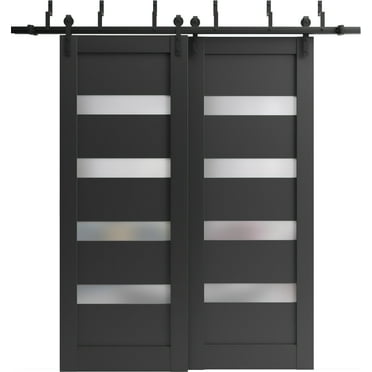 Sliding Closet Barn Bypass Doors 48 x 80 inches | Quadro 4113 Matte Black Frosted Glass | Sturdy 6.6ft Rails Hardware Set | Wood Solid Bedroom Wardrobe Doors