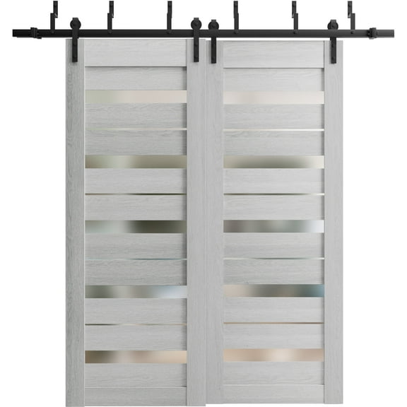 Sliding Closet Barn Bypass Doors 48 x 80 inches | Quadro 4445 Light Grey Oak with Frosted Glass | Sturdy 6.6ft Rails Hardware Set | Wood Solid Bedroom Wardrobe Doors
