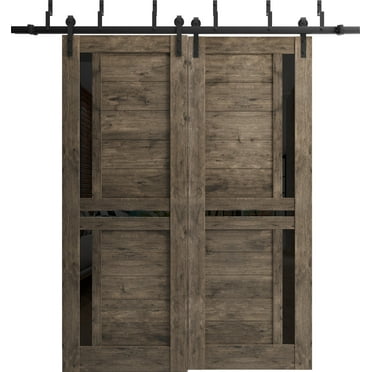 Sliding Closet Barn Bypass Doors 48 x 80 inches | Veregio 7588 Cognac Oak with Black Glass | Sturdy 6.6ft Rails Hardware Set | Wood Solid Bedroom Wardrobe Doors