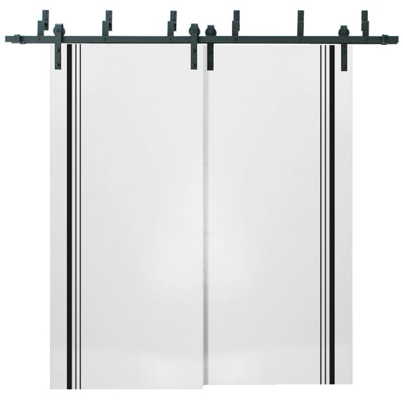 Sliding Closet Barn Bypass Doors 48 x 96 inches | Planum 0011 White Silk with Frosted Glass | Sturdy 6.6ft Rails Hardware Set | Wood Solid Bedroom Wardrobe Doors