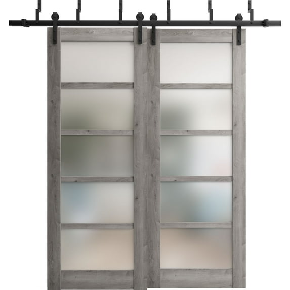 Sliding Closet Barn Bypass Doors 56 x 80 inches | Quadro 4002 Nebraska Grey with Frosted Glass | Sturdy 6.6ft Rails Hardware Set | Wood Solid Bedroom Wardrobe Doors