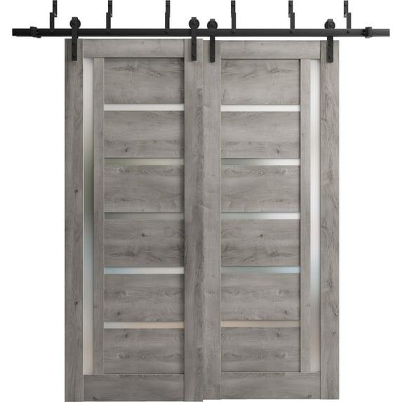 Sliding Closet Barn Bypass Doors 56 x 80 inches | Quadro 4088 Nebraska Grey with Frosted Glass | Sturdy 6.6ft Rails Hardware Set | Wood Solid Bedroom Wardrobe Doors