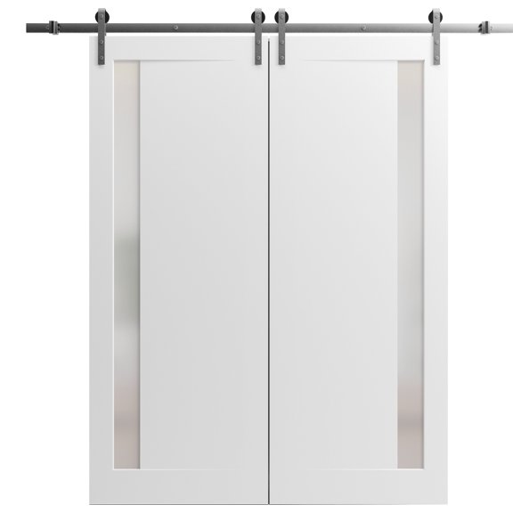 Sliding Closet Barn Bypass Doors 56 x 80 inches | Sete 6933 Matte Black with Frosted Glass | Sturdy 6.6ft Rails Hardware Set | Wood Solid Bedroom Wardrobe Doors