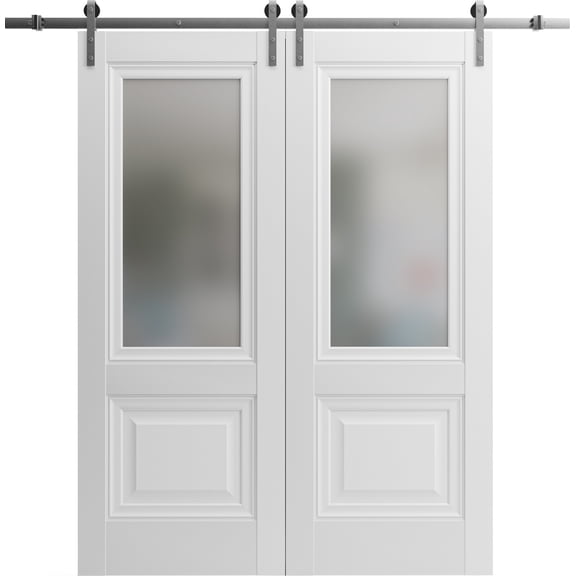 Sliding Closet Barn Bypass Doors 56 x 80 inches | Sete 6933 Nordic White with Frosted Glass | Sturdy 6.6ft Rails Hardware Set | Wood Solid Bedroom Wardrobe Doors