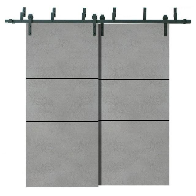 Sliding Closet Barn Bypass Doors 60 x 80 inches | Planum 0014 Concrete with Frosted Glass | Sturdy 6.6ft Rails Hardware Set | Wood Solid Bedroom Wardrobe Doors