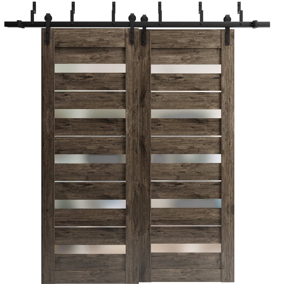 Sliding Closet Barn Bypass Doors 64 x 80 inches | Quadro 4445 Cognac Oak with Frosted Glass | Sturdy 6.6ft Rails Hardware Set | Wood Solid Bedroom Wardrobe Doors