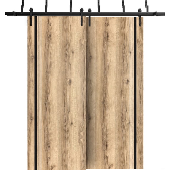 Sliding Closet Barn Bypass Doors 64 x 84 inches | Planum 0011 Oak with Frosted Glass | Sturdy 6.6ft Rails Hardware Set | Wood Solid Bedroom Wardrobe Doors