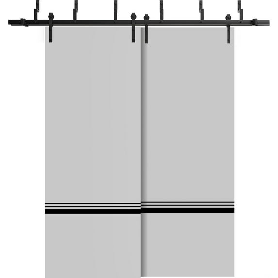 Sliding Closet Barn Bypass Doors 64 x 84 inches | Planum 0012 Grey Matte with Frosted Glass | Sturdy 6.6ft Rails Hardware Set | Wood Solid Bedroom Wardrobe Doors