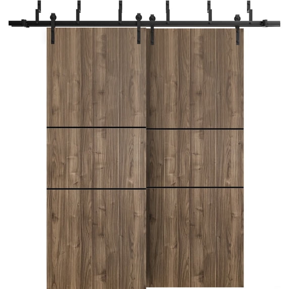 Sliding Closet Barn Bypass Doors 64 x 84 inches | Planum 0014 Walnut with Frosted Glass | Sturdy 6.6ft Rails Hardware Set | Wood Solid Bedroom Wardrobe Doors
