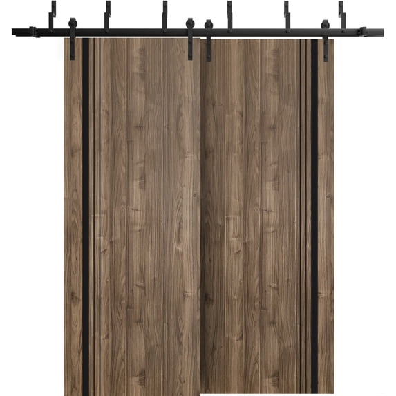 Sliding Closet Barn Bypass Doors 64 x 96 inches | Planum 0011 Walnut with Frosted Glass | Sturdy 6.6ft Rails Hardware Set | Wood Solid Bedroom Wardrobe Doors