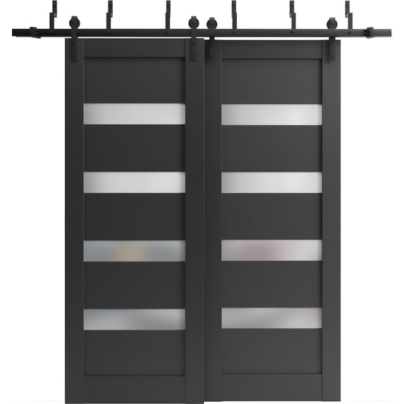 Sliding Closet Barn Bypass Doors 72 x 80 inches | Quadro 4113 Matte Black Frosted Glass | Sturdy 6.6ft Rails Hardware Set | Wood Solid Bedroom Wardrobe Doors