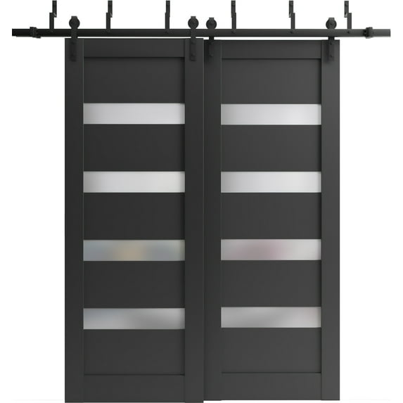Sliding Closet Barn Bypass Doors 72 x 84 inches | Quadro 4113 Matte Black Frosted Glass | Sturdy 6.6ft Rails Hardware Set | Wood Solid Bedroom Wardrobe Doors