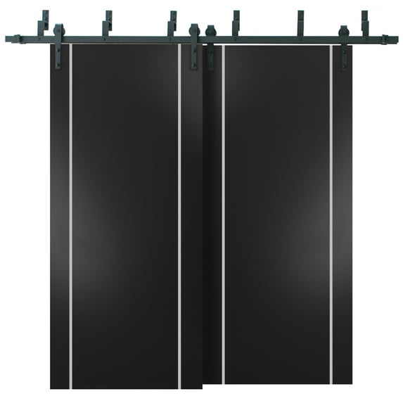 Sliding Closet Barn Bypass Doors 72 x 96 inches | Planum 0410 Matte Black with Frosted Glass | Sturdy 6.6ft Rails Hardware Set | Wood Solid Bedroom Wardrobe Doors