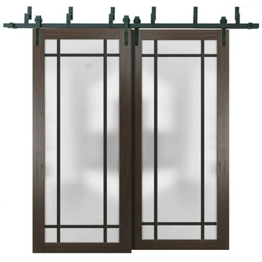 Sliding Closet Barn Bypass Doors 84 x 80 inches | Planum 2112 Chocolate Ash Frosted Glass | Sturdy 8ft Rails Hardware Set | Wood Solid Bedroom Wardrobe Doors