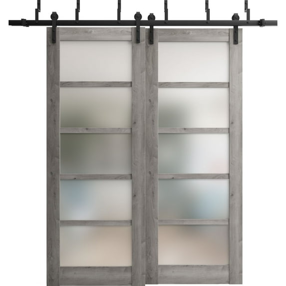 Sliding Closet Barn Bypass Doors 84 x 80 inches | Quadro 4002 Nebraska Grey with Frosted Glass | Sturdy 8ft Rails Hardware Set | Wood Solid Bedroom Wardrobe Doors
