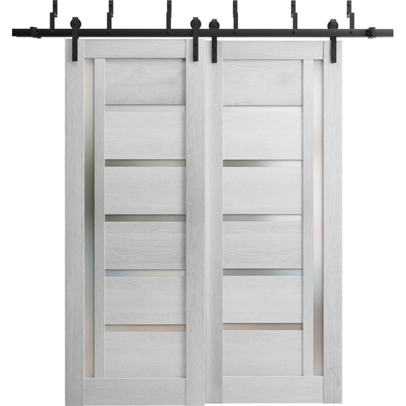 Sliding Closet Barn Bypass Doors 84 x 84 inches | Quadro 4088 Light Grey Oak with Frosted Glass | Sturdy 8ft Rails Hardware Set | Wood Solid Bedroom Wardrobe Doors
