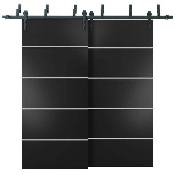 Sliding Closet Barn Bypass Doors 84 x 96 inches | Planum 0210 Matte Black with Frosted Glass | Sturdy 8ft Rails Hardware Set | Wood Solid Bedroom Wardrobe Doors