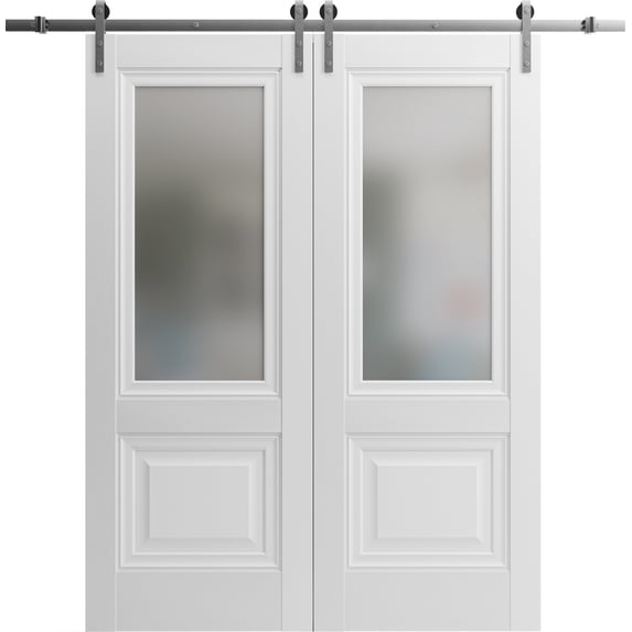 Sliding Closet Barn Bypass Doors 84 x 96 inches | Sete 6933 Nordic White with Frosted Glass | Sturdy 8ft Rails Hardware Set | Wood Solid Bedroom Wardrobe Doors