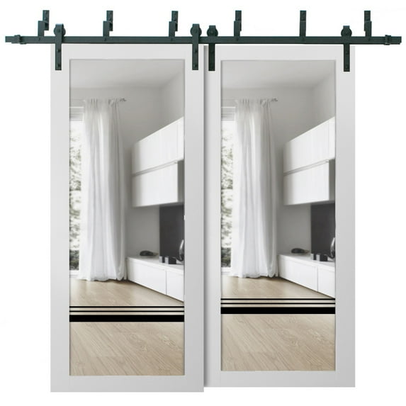 Sliding Closet Barn Bypass Doors 84 x 84 inches | Lucia 2666 White Silk Clear Glass | Sturdy 8ft Rails Hardware Set | Wood Solid Bedroom Wardrobe Doors