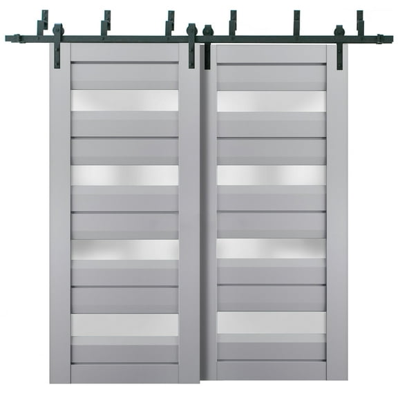 Sliding Closet Barn Bypass Doors with Frosted Glass | Veregio 7455 Matte Grey | Sturdy 6.6ft Rails Hardware Set | Wood Solid Bedroom Wardrobe Doors -36" x 96" (2* 18x96)