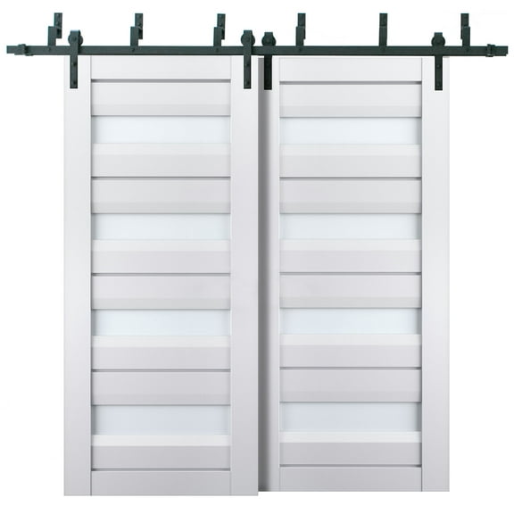 Sliding Closet Barn Bypass Doors with Frosted Glass | Veregio 7455 White Silk | Sturdy 6.6ft Rails Hardware Set | Wood Solid Bedroom Wardrobe Doors -36" x 96" (2* 18x96)