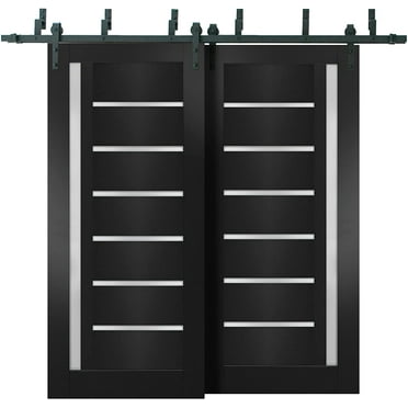 Sliding Closet Barn Bypass Doors Quadro 4088 Matte Black with Frosted Glass | Sturdy 6.6ft Rails Hardware Set | Wood Solid Bedroom Wardrobe Doors