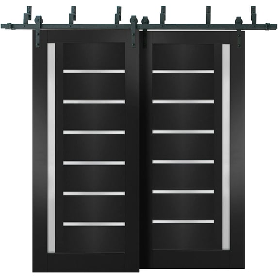 Sliding Closet Barn Bypass Doors Quadro 4088 Matte Black with Frosted Glass | Sturdy 6.6ft Rails Hardware Set | Wood Solid Bedroom Wardrobe Doors