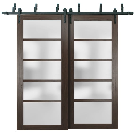 Sliding Closet Barn Bypass Doors with Frosted Glass | Quadro 4002 Chocolate Ash | Sturdy 6.6ft Rails Hardware Set | Wood Solid Bedroom Wardrobe Doors