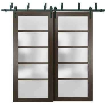 Sliding Closet Barn Bypass Doors with Frosted Glass | Quadro 4002 Chocolate Ash | Sturdy 6.6ft Rails Hardware Set | Wood Solid Bedroom Wardrobe Doors