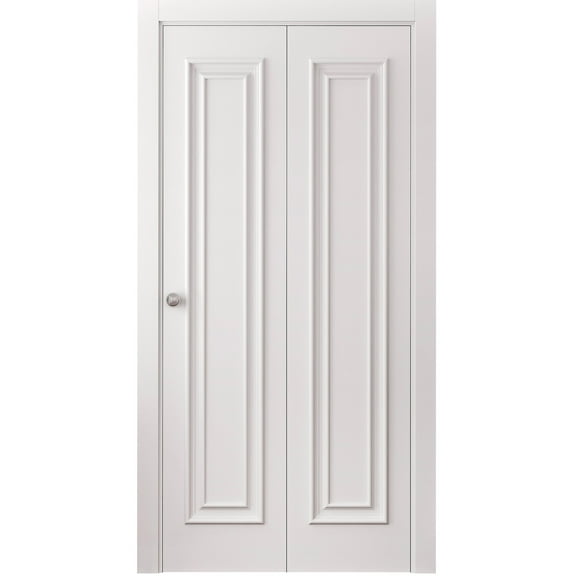 Sliding Closet Bi-fold Doors 36 x 80 inches | CLASSIC 1189 White Enamel | Sturdy Tracks Moldings Trims Hardware Set | Wood Solid Bedroom Wardrobe Doors