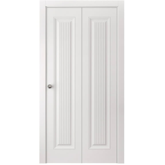 Sliding Closet Bi-fold Doors 36 x 80 inches | CLASSIC 8889 White Enamel | Sturdy Tracks Moldings Trims Hardware Set | Wood Solid Bedroom Wardrobe Doors