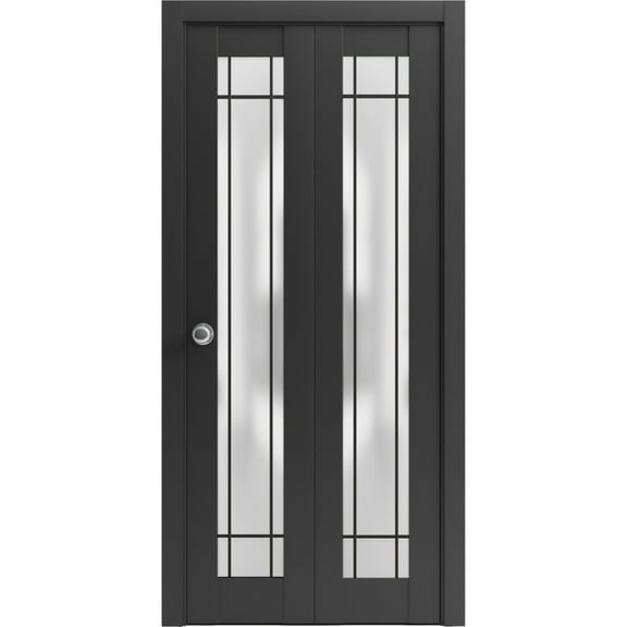 Sliding Closet Bi-fold Doors 36 x 80 inches | Planum 2112 Matte Black Frosted Glass | Sturdy Tracks Moldings Trims Hardware Set | Wood Solid Bedroom Wardrobe Doors