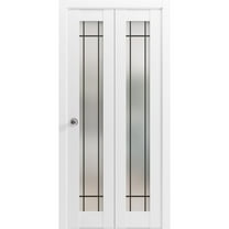 Sliding Closet Bi-fold Doors 36 x 80 inches | Planum 2112 White Silk Frosted Glass | Sturdy Tracks Moldings Trims Hardware Set | Wood Solid Bedroom Wardrobe Doors
