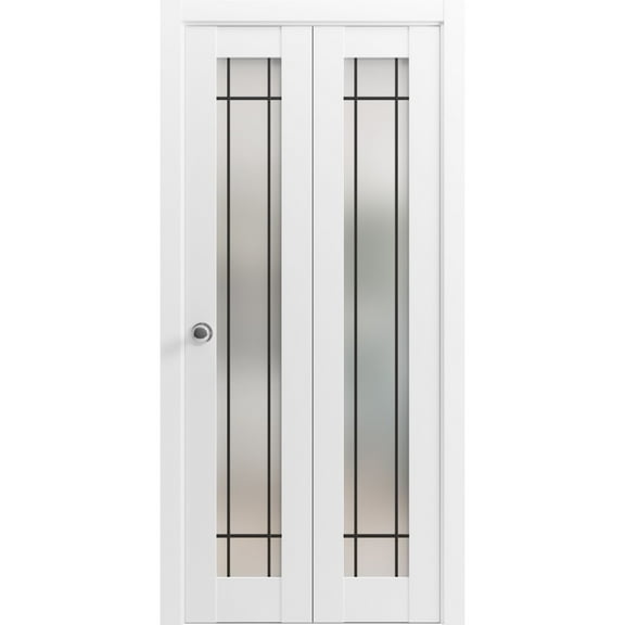 Sliding Closet Bi-fold Doors 36 x 80 inches | Planum 2112 White Silk Frosted Glass | Sturdy Tracks Moldings Trims Hardware Set | Wood Solid Bedroom Wardrobe Doors