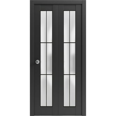 Sliding Closet Bi-fold Doors 36 x 80 inches | Planum 2122 Matte Black Frosted Glass | Sturdy Tracks Moldings Trims Hardware Set | Wood Solid Bedroom Wardrobe Doors