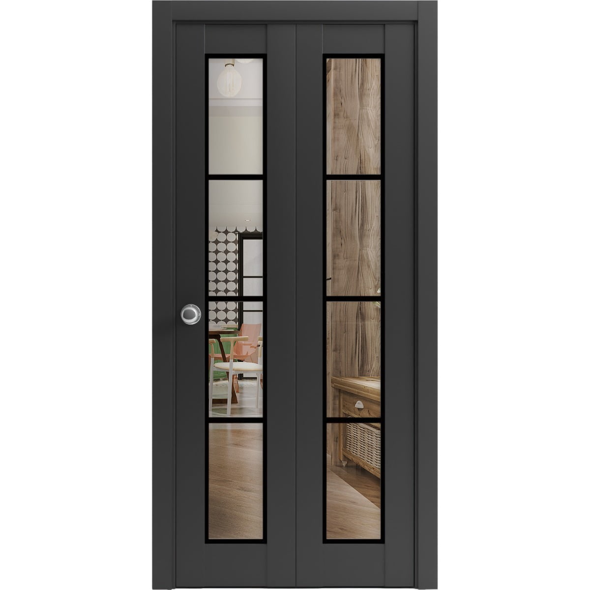 Sliding Closet Bi-fold Doors 36 x 96 inches | Lucia 2466 Matte Black Clear Glass | Sturdy Tracks Moldings Trims Hardware Set | Wood Solid Bedroom Wardrobe Doors