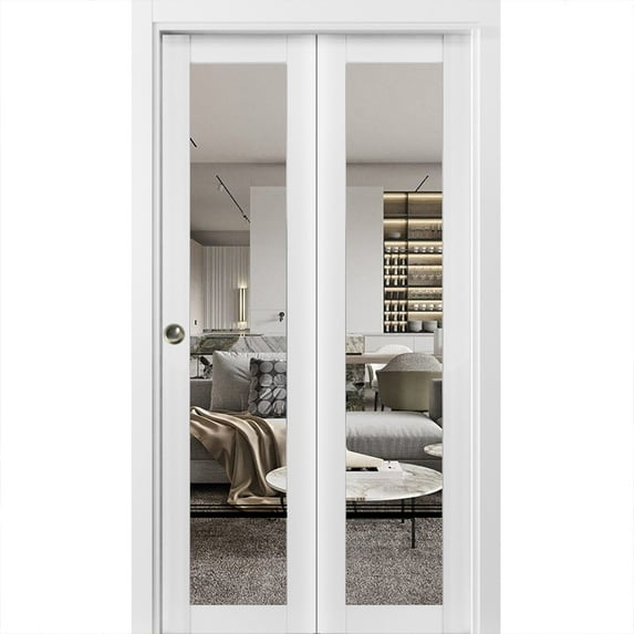 Sliding Closet Bi-fold Doors 36 x 96 inches | Lucia 2666 White Silk Clear Glass | Sturdy Tracks Moldings Trims Hardware Set | Wood Solid Bedroom Wardrobe Doors