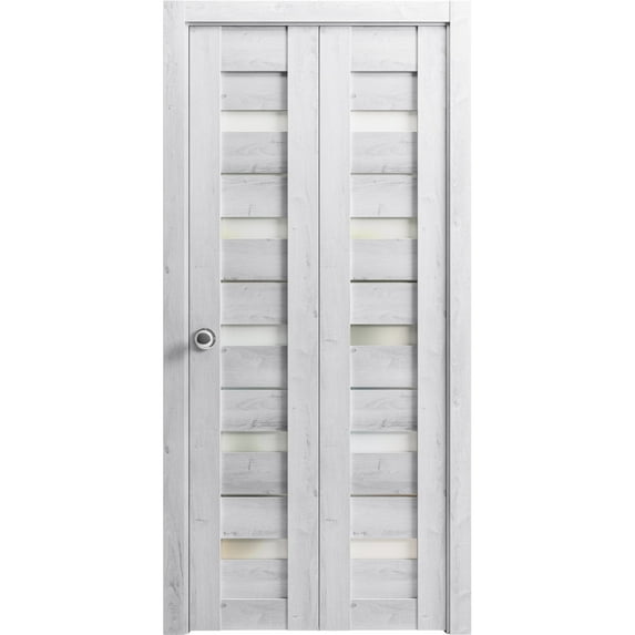 Sliding Closet Bi-fold Doors 36 x 96 inches | Quadro 4445 Nordic White with Frosted Glass | Sturdy Tracks Moldings Trims Hardware Set | Wood Solid Bedroom Wardrobe Doors