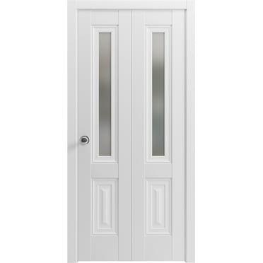 Sliding Closet Bi-fold Doors 48 x 80 inches | Lucia 8822 White Silk with Frosted Glass | Sturdy Tracks Moldings Trims Hardware Set | Wood Solid Bedroom Wardrobe Doors