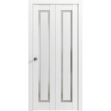 Sliding Closet Bi-fold Doors 48 x 80 inches | Planum 0888 Painted White with Frosted Glass | Sturdy Tracks Moldings Trims Hardware Set | Wood Solid Bedroom Wardrobe Doors