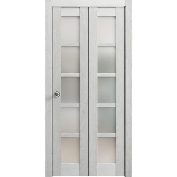 Sliding Closet Bi-fold Doors 48 x 80 inches | Quadro 4002 Light Grey Oak with Frosted Glass | Sturdy Tracks Moldings Trims Hardware Set | Wood Solid Bedroom Wardrobe Doors