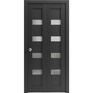 Sliding Closet Bi-fold Doors 48 x 80 inches | Quadro 4113 Matte Black with Frosted Glass | Sturdy Tracks Moldings Trims Hardware Set | Wood Solid Bedroom Wardrobe Doors
