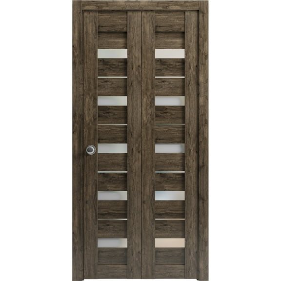 Sliding Closet Bi-fold Doors 48 x 80 inches | Quadro 4445 Cognac Oak with Frosted Glass | Sturdy Tracks Moldings Trims Hardware Set | Wood Solid Bedroom Wardrobe Doors