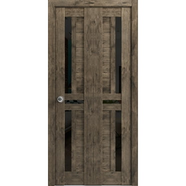 Sliding Closet Bi-fold Doors 48 x 80 inches | Veregio 7588 Cognac Oak with Black Glass | Sturdy Tracks Moldings Trims Hardware Set | Wood Solid Bedroom Wardrobe Doors