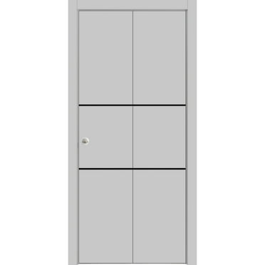 Sliding Closet Bi-fold Doors 48 x 96 inches | Planum 0014 Grey Ash with Frosted Glass | Sturdy Tracks Moldings Trims Hardware Set | Wood Solid Bedroom Wardrobe Doors